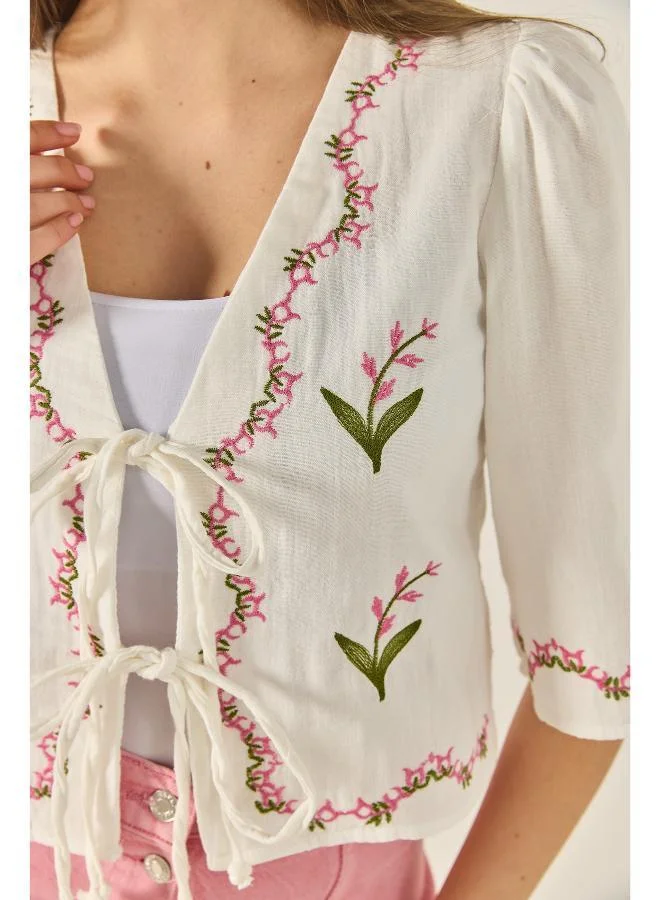 Ginger Floral Embroidered Boho Tie Up Top