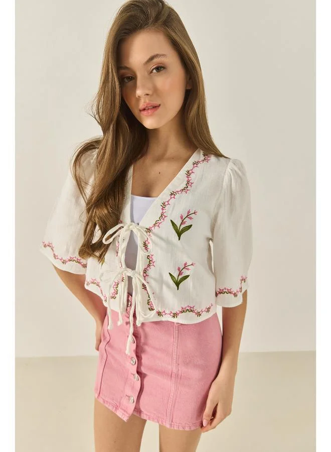 Ginger Floral Embroidered Boho Tie Up Top