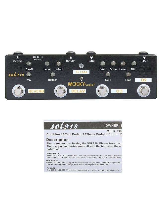Generic Audio SOL918 5-in-1 Multi Effect Pedal Combined Effect Guitar Pedal True Bypass Multi-in-one Combined Effect Device Reverb Delay FX Loop Overdrive Distortion  - Image 3