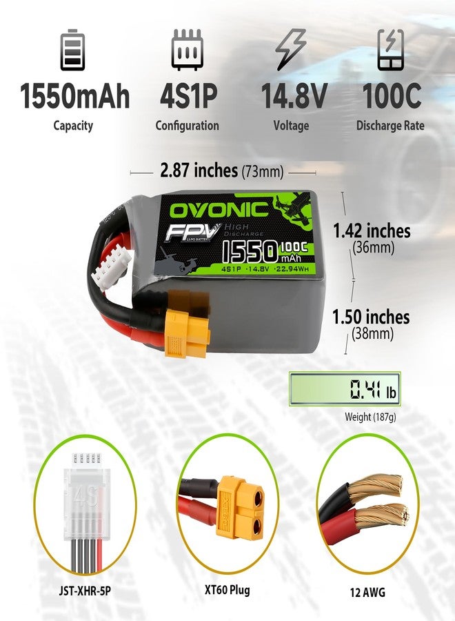 Ovonic 4S 1550mAh 100C 14.8V LiPo Battery Pack with XT60 Plug for Heli Airplane Drone FPV Racing (2 Packs) - Image 2