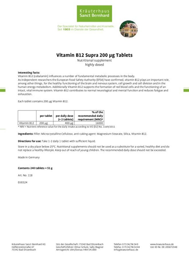 Sanct Bernhard Vitamin B12 Supra 200 µg Tablets - Image 4