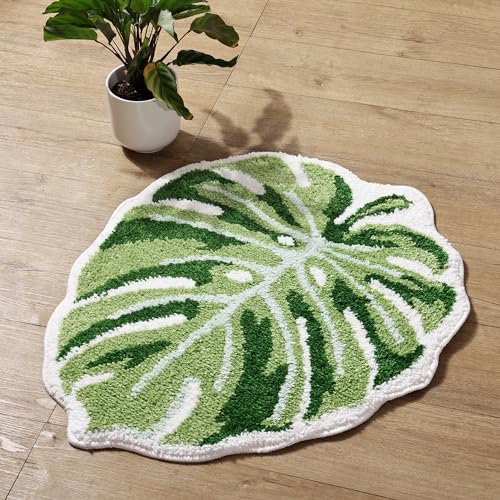 Panstar Green Leaf Mat, Large Monstera Cute Non Slip Palm Shaped Plush Fun Kitchen, Bathroom Bathtub Rugs Machine Washable - Image 4