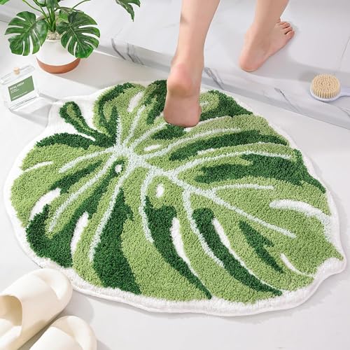 Panstar Green Leaf Mat, Large Monstera Cute Non Slip Palm Shaped Plush Fun Kitchen, Bathroom Bathtub Rugs Machine Washable - Image 1