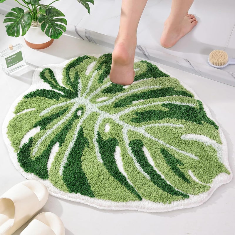Panstar Green Leaf Mat, Large Monstera Cute Non Slip Palm Shaped Plush Fun Kitchen, Bathroom Bathtub Rugs Machine Washable - Image 3