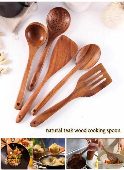 Wooden Kitchen Spoon Set for Cooking,5 Pieces Natural Teak wood spoons,  Wooden Cooking Tools,Nonstick Hard Wood Spatula and Spoons for Non-Stick Cookware  (set of 5)