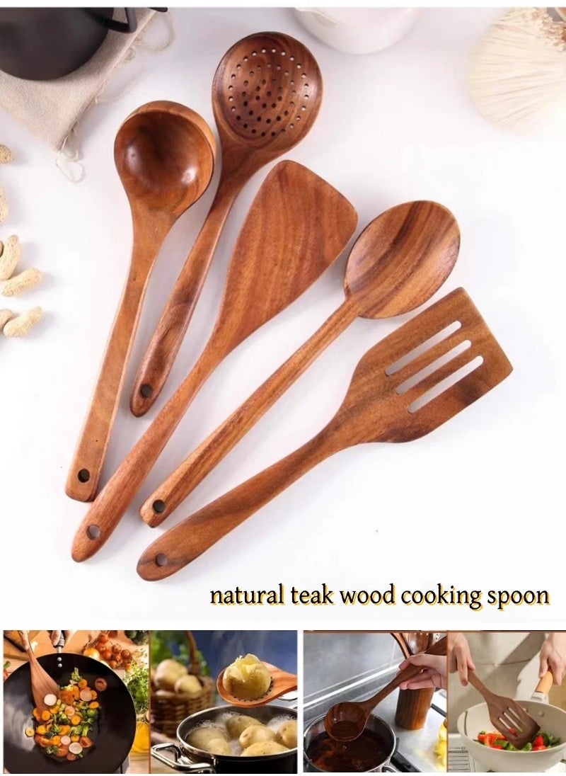 Wooden Kitchen Spoon Set for Cooking,5 Pieces Natural Teak wood spoons,  Wooden Cooking Tools,Nonstick Hard Wood Spatula and Spoons for Non-Stick Cookware  (set of 5)