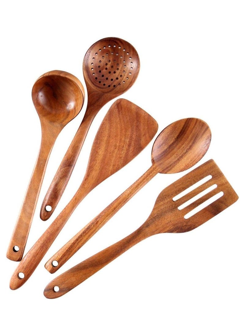 Wooden Kitchen Spoon Set for Cooking,5 Pieces Natural Teak wood spoons,  Wooden Cooking Tools,Nonstick Hard Wood Spatula and Spoons for Non-Stick Cookware  (set of 5)