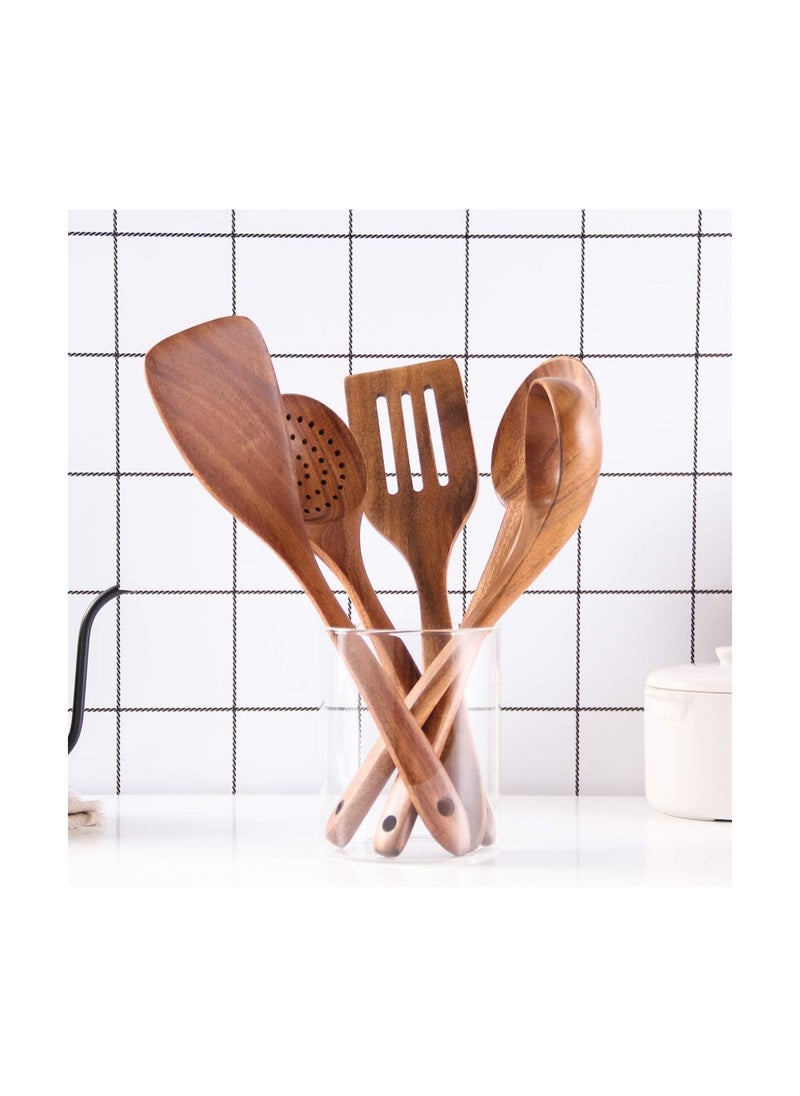 Wooden Kitchen Spoon Set for Cooking,5 Pieces Natural Teak wood spoons,  Wooden Cooking Tools,Nonstick Hard Wood Spatula and Spoons for Non-Stick Cookware  (set of 5)
