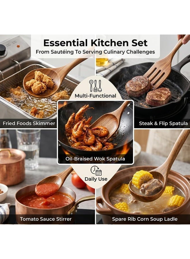 XICEN Wooden Kitchen Spoon Set for Cooking,5 Pieces Natural Teak wood spoons,  Wooden Cooking Tools,Nonstick Hard Wood Spatula and Spoons for Non-Stick Cookware  (set of 5) - Image 2