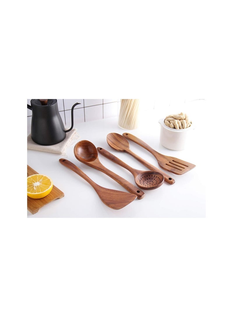 XICEN Wooden Kitchen Spoon Set for Cooking,5 Pieces Natural Teak wood spoons,  Wooden Cooking Tools,Nonstick Hard Wood Spatula and Spoons for Non-Stick Cookware  (set of 5) - Image 3
