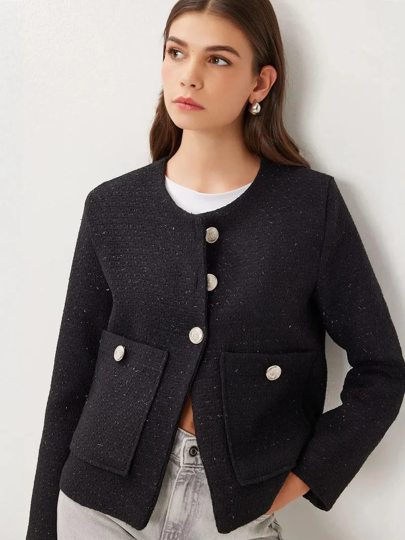 Lovely Istanbul ISTANBUL Textured Tweed Buttoned Long Sleeve Jacket