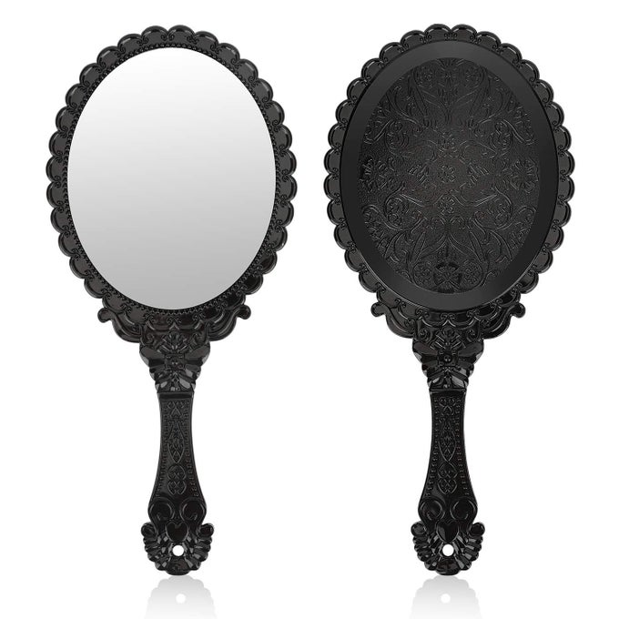 PREMIUM HAND MIRROR WITH HANDLE VINTAGE PRINCESS MIRROR FOR WOMEN BLACK EMBOSSED FLOWER SMALL MIRRORS TABLETOP PARTY CLASSROOM