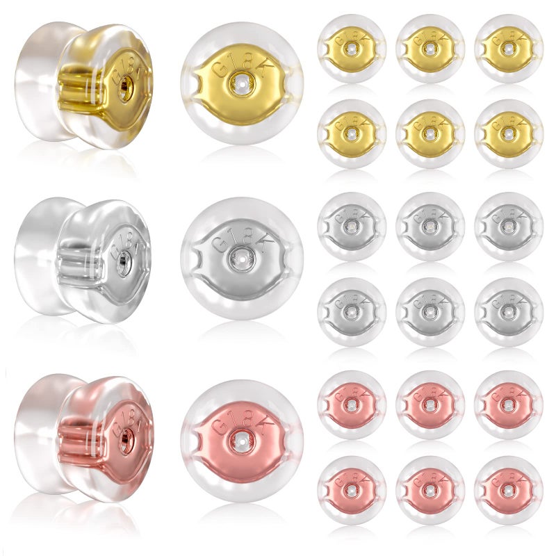 24 Pcs Silicone Earring Backs 18K Gold Locking Secure Earring Backs for Studs Droopy Fish Hook Heavy 12 Pairs Hypoallergenic Comfy Soft Earring Stoppers Replacement Clear for Adults Teens