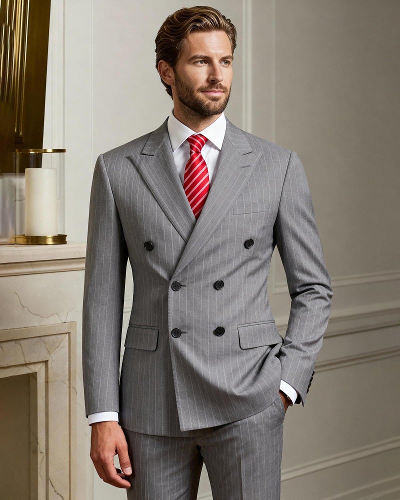 YND Men's 2 Piece Double-Breasted Suit, Slim Fit Stripe Tuxedo Set with Tie, Party Wedding Dress Blazer, Tux and Trousers, Grey - Image 2