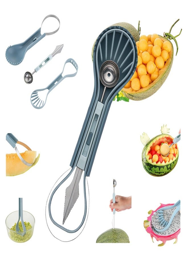 Achicklead 6-in-1 Melon Fork Slicer Cutter, Melon Baller Scoop Set, Watermelon Slicer Tool, Stainless Steel Fruit Cutter, Seed Remover, Fruit Fork for Camping Kitchen Gadgets (6-in-1-blue) - Image 1
