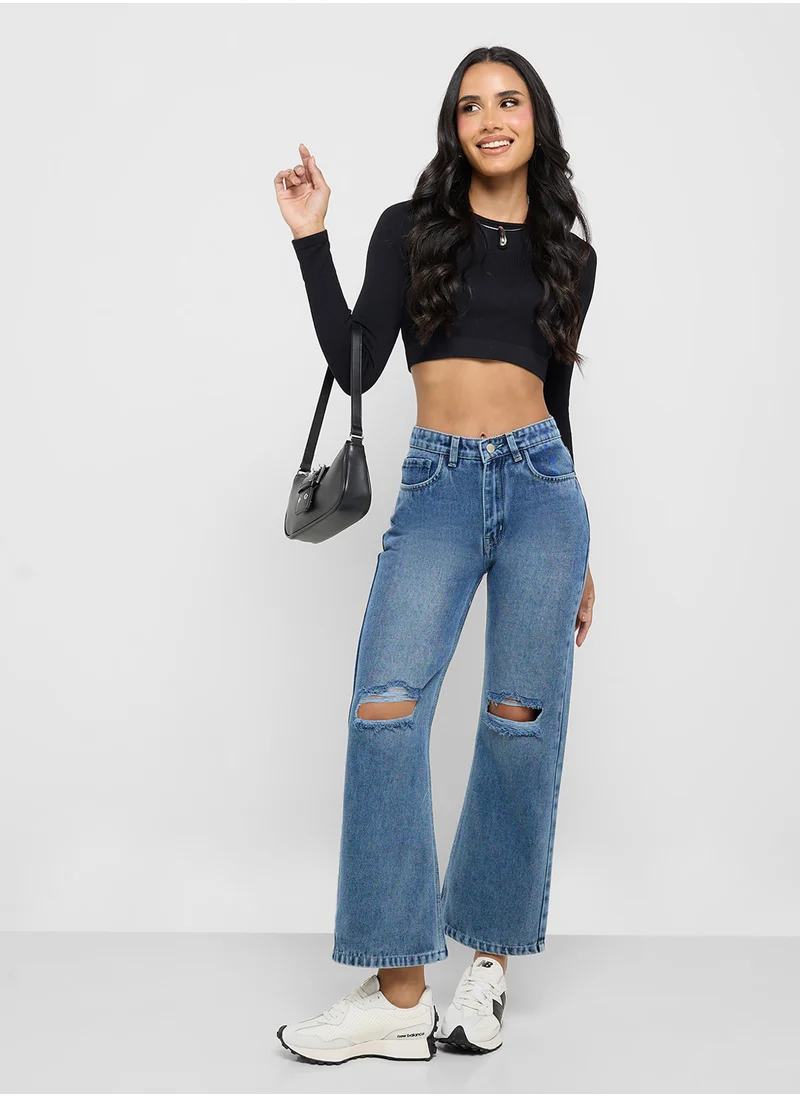 جينجر Distressed High Rise Straight Fit Jeans