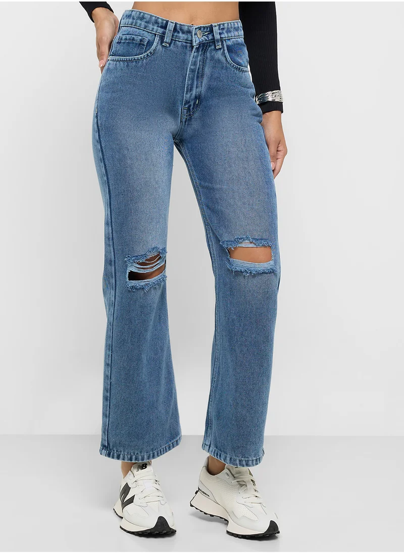 جينجر Distressed High Rise Straight Fit Jeans