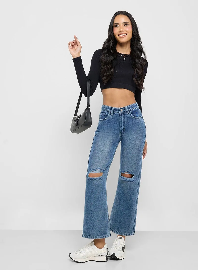 Distressed High Rise Straight Fit Jeans