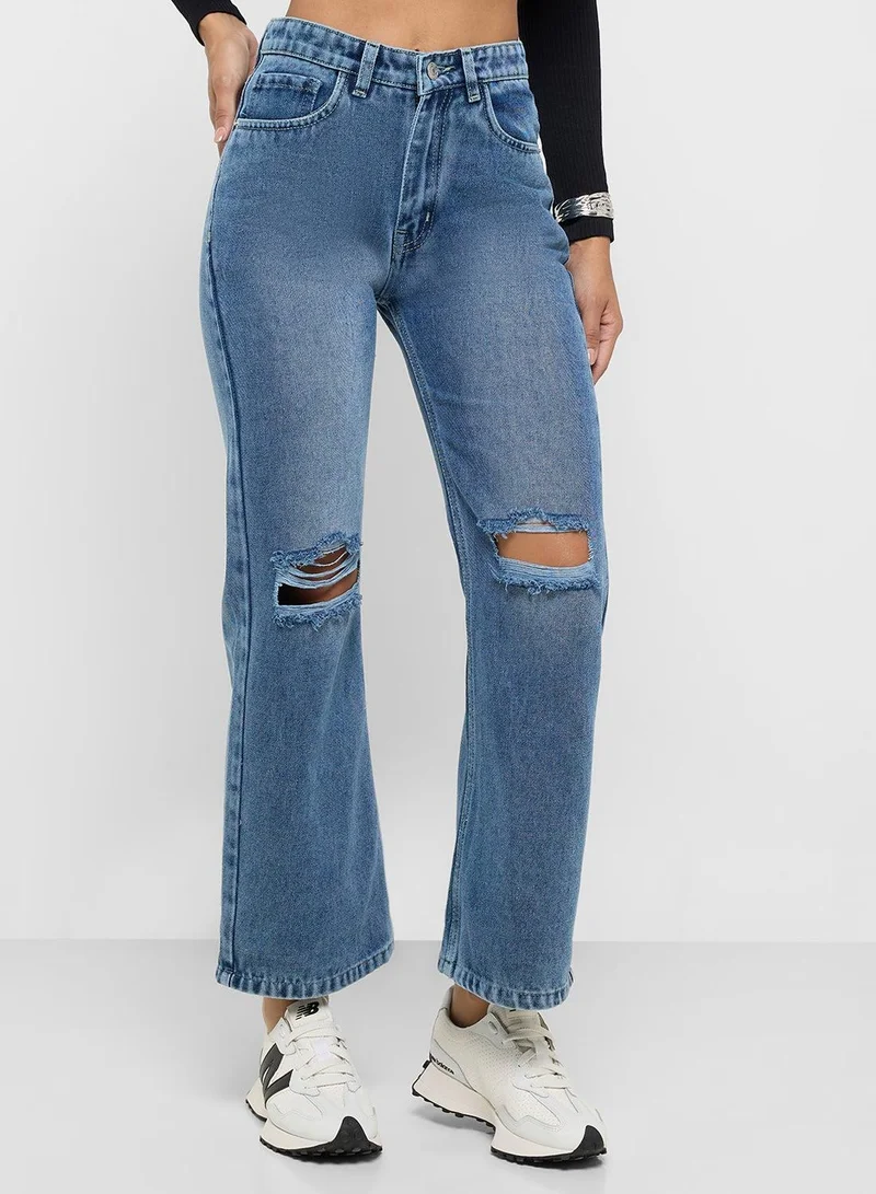 Ginger  Distressed High Rise Straight Fit Jeans for Women | Best Price UAE