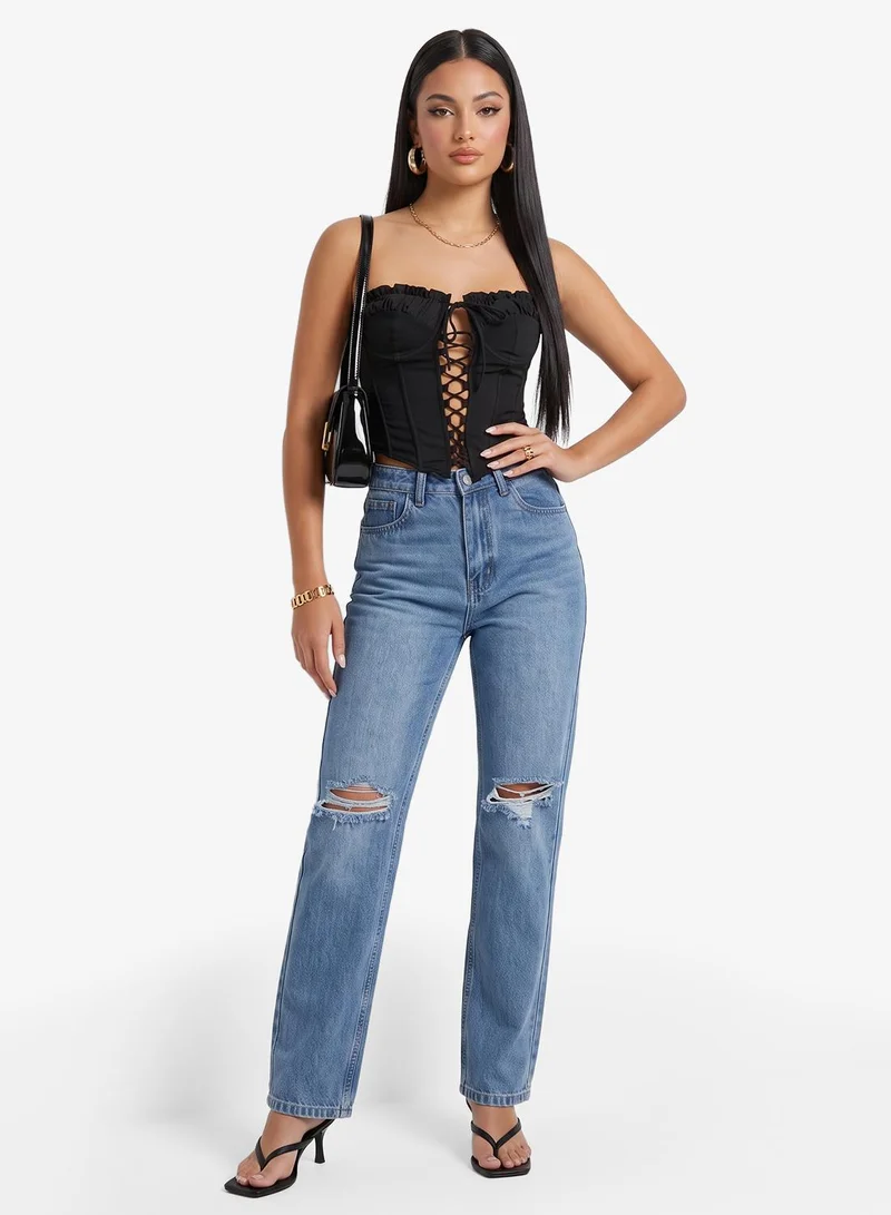 Ginger  Distressed High Rise Straight Fit Jeans for Women | Best Price UAE
