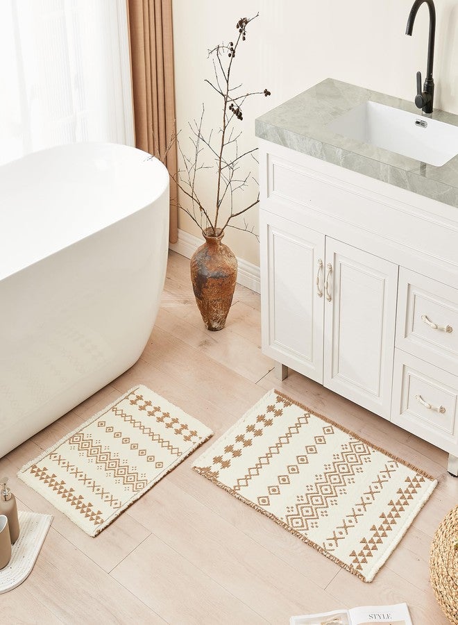 Douceur Boho Bath mat for Bathroom Floor Non Slip, Acrylic Blend Cute Bath Rugs with Tassels, Beige and Cream White Tribal Ethnic Pattern Farmhouse Bathroom Rugs, 16" x 24" - Image 2