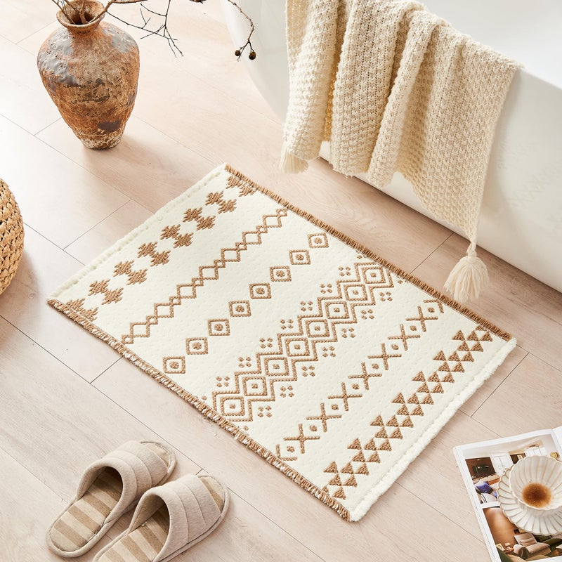 Douceur Boho Bath mat for Bathroom Floor Non Slip, Acrylic Blend Cute Bath Rugs with Tassels, Beige and Cream White Tribal Ethnic Pattern Farmhouse Bathroom Rugs, 16" x 24" - Image 1