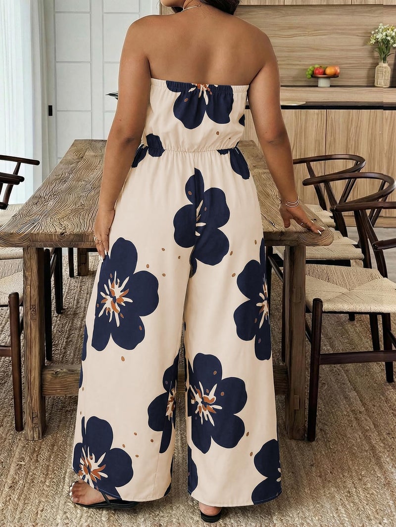 OYOANGLE Women's Plus Size Jumpsuit Floral Print Strapless Off Shoulder Wide Leg Jumpsuits Beach Vacation Summer Outfits Beige X-Large Plus - Image 2