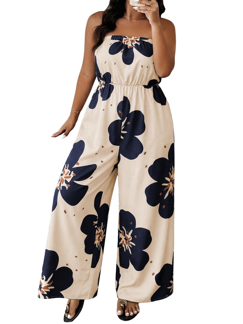 OYOANGLE Women's Plus Size Jumpsuit Floral Print Strapless Off Shoulder Wide Leg Jumpsuits Beach Vacation Summer Outfits Beige X-Large Plus - Image 1