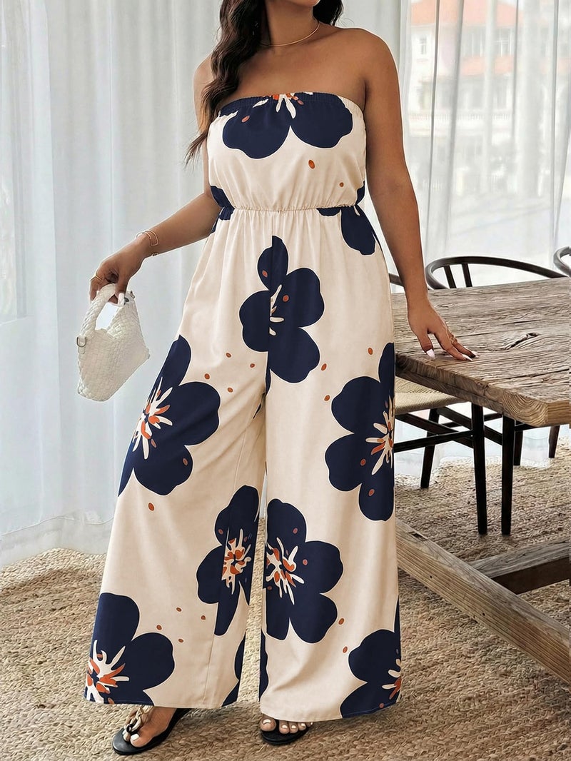 OYOANGLE Women's Plus Size Jumpsuit Floral Print Strapless Off Shoulder Wide Leg Jumpsuits Beach Vacation Summer Outfits Beige X-Large Plus - Image 5