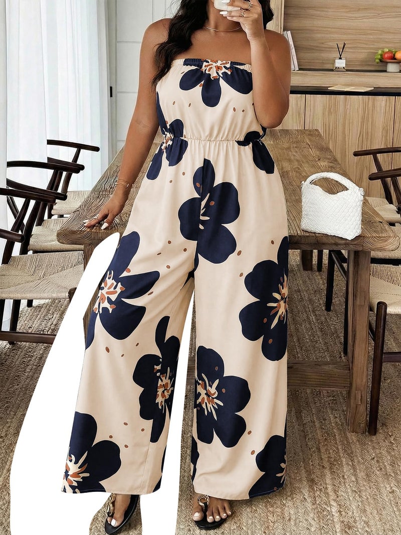 OYOANGLE Women's Plus Size Jumpsuit Floral Print Strapless Off Shoulder Wide Leg Jumpsuits Beach Vacation Summer Outfits Beige X-Large Plus - Image 3