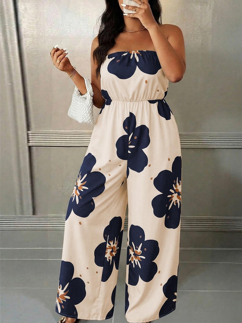 OYOANGLE Women's Plus Size Jumpsuit Floral Print Strapless Off Shoulder Wide Leg Jumpsuits Beach Vacation Summer Outfits Beige X-Large Plus - Image 4