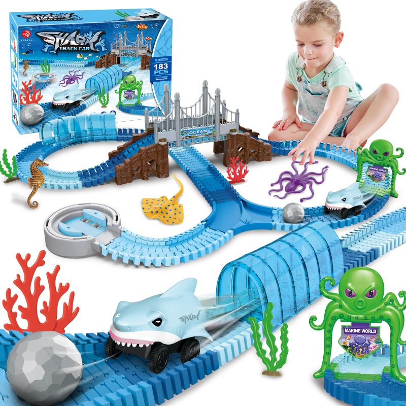 VATOS Track Toys 183 Pcs Shark Race Car Toys for Boys Girls 3 4 5 6 7 9 Year Bendable Flexible Racetrack Cars with Shark  Ball Ocean Theme Train Toys STEM Educational Playset Birthday Gift - Image 2