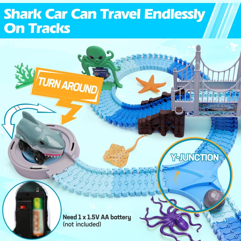 VATOS Track Toys 183 Pcs Shark Race Car Toys for Boys Girls 3 4 5 6 7 9 Year Bendable Flexible Racetrack Cars with Shark  Ball Ocean Theme Train Toys STEM Educational Playset Birthday Gift - Image 3