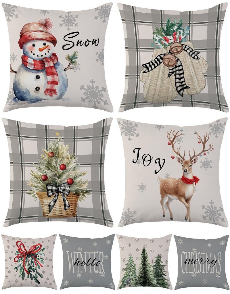 Mimkus Mimkus Christmas Snowman Throw Pillow Covers 18 x 18 Inch Set of 4 Xmas Tree Reindeer Gloves Eucalyptus Pillow Cover Winter Holiday Stripes Gray Cushion Case for Sofa Couch  - Image 1