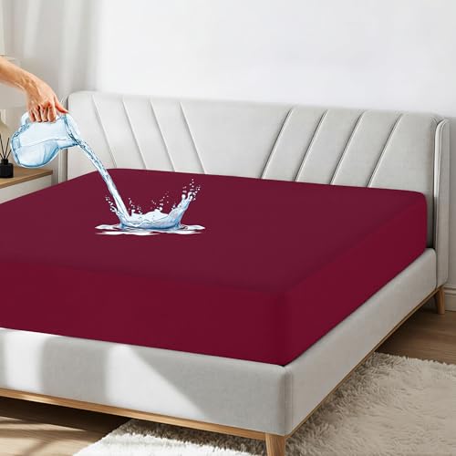 GADDA CO 100% Waterproof Mattress Protector King Size Bed | Bamboo-Feel Premium Cotton, Ultra Soft & Breathable | Hypoallergenic, Noiseless Fitted Cover for King Size Bed (78x72 in), Beetroot - Image 1