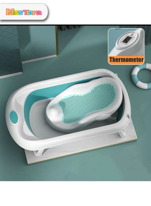 Foldable Baby Bathtub Set with Temperature Sensing Thermometer and Baby Special Bath Bed Newborn Sitting and Lying Large Safety Bathtub