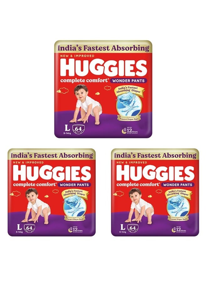 Huggies Complete Comfort Wonder Pants | Pant Style Baby Diapers L Size, 64 Count | India's Fastest Absorbing Diaper, Patented Dry Xpert Channel, Ideal for 9 to 14 Kgs (Pack of 3) - Image 1
