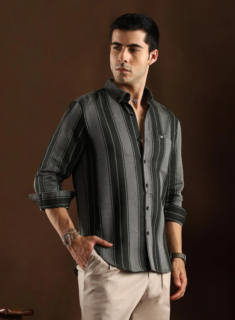 Campus Sutra Campus Sutra Men's Sacramento Green Multitrack-Striped Regular Shirt For Casual Wear | Spread Collar | Long Cuffed Sleeves | Button Closure | Shirt Crafted With Comfort Fit For Everyday Wear