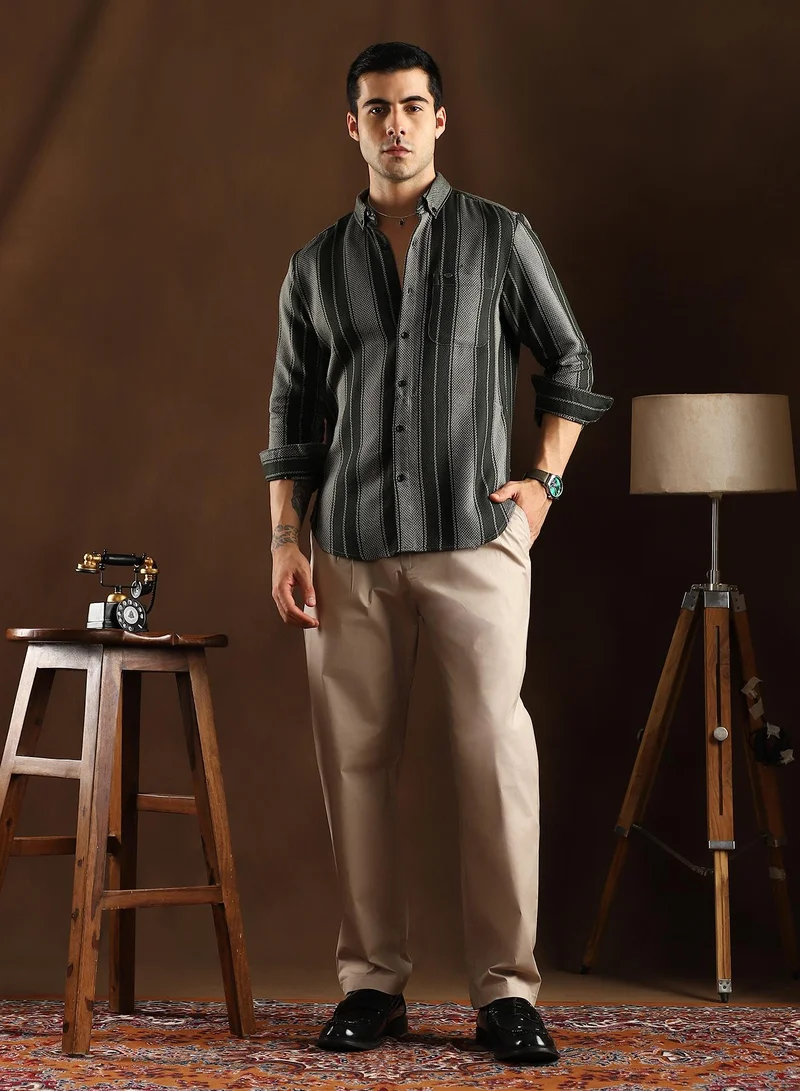Campus Sutra Campus Sutra Men's Sacramento Green Multitrack-Striped Regular Shirt For Casual Wear | Spread Collar | Long Cuffed Sleeves | Button Closure | Shirt Crafted With Comfort Fit For Everyday Wear