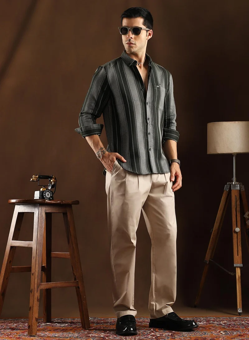 Campus Sutra Campus Sutra Men's Sacramento Green Multitrack-Striped Regular Shirt For Casual Wear | Spread Collar | Long Cuffed Sleeves | Button Closure | Shirt Crafted With Comfort Fit For Everyday Wear