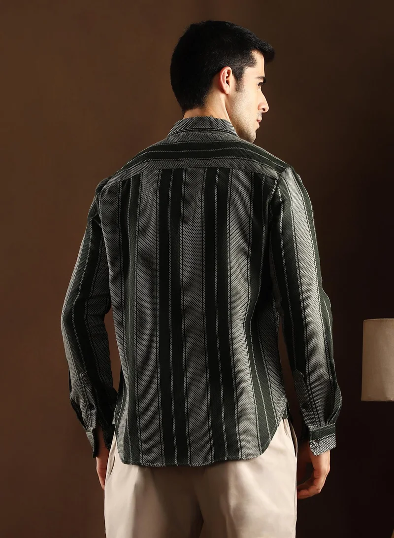 Campus Sutra Campus Sutra Men's Sacramento Green Multitrack-Striped Regular Shirt For Casual Wear | Spread Collar | Long Cuffed Sleeves | Button Closure | Shirt Crafted With Comfort Fit For Everyday Wear