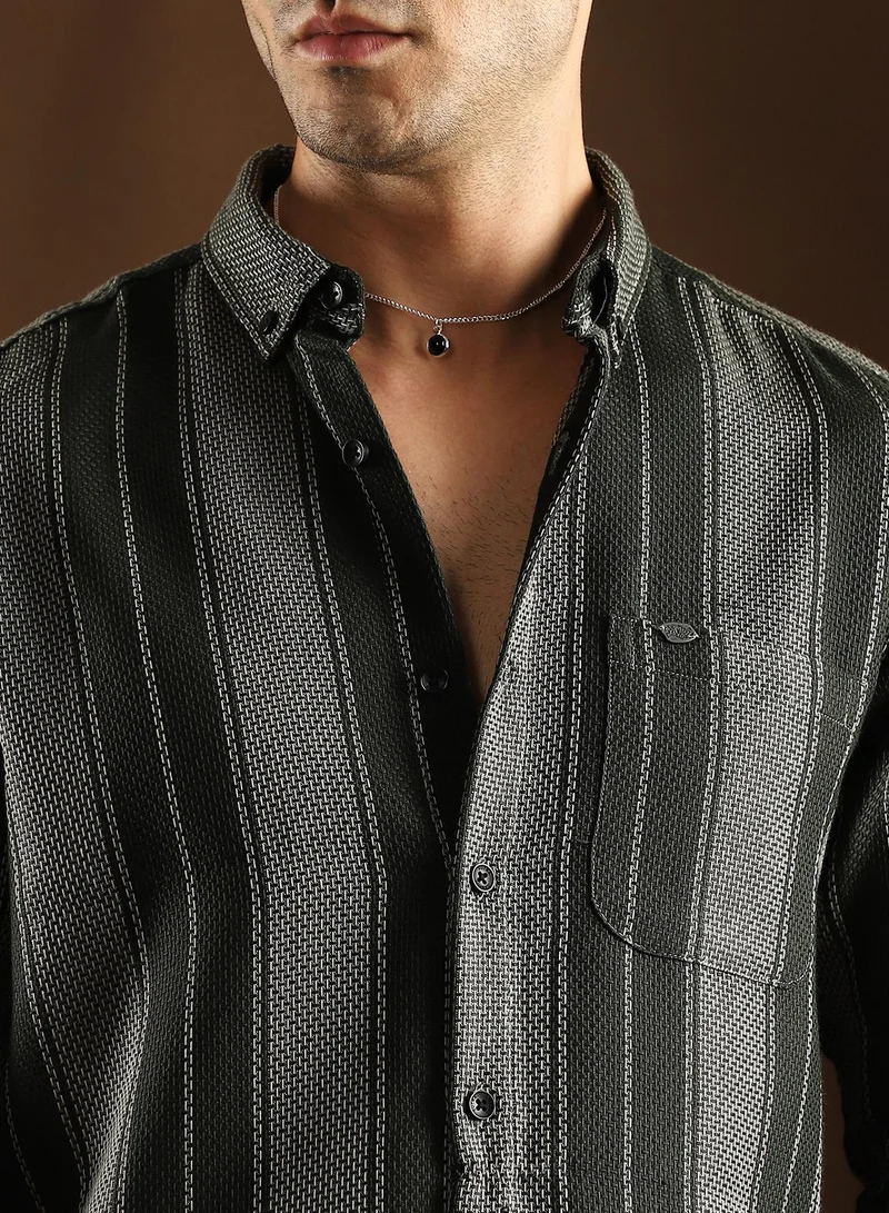 Campus Sutra Campus Sutra Men's Sacramento Green Multitrack-Striped Regular Shirt For Casual Wear | Spread Collar | Long Cuffed Sleeves | Button Closure | Shirt Crafted With Comfort Fit For Everyday Wear