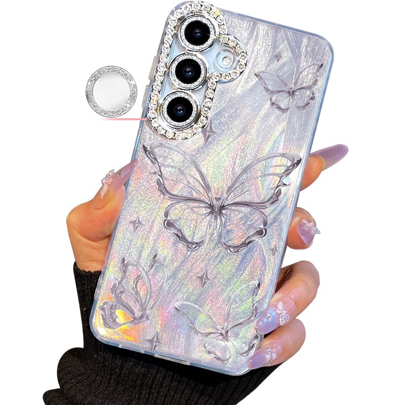 I-MGAE-IN-AR Compact Case for Samsung Galaxy S25 Plus & S24+ Butterfly Design,Diamond Camera lens protection frame,Cute Soft Slim TPU Shockproof Protective Phone Cases Cover for Women Silver Aesthetic - Image 1