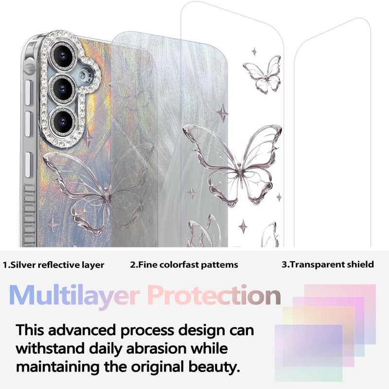 I-MGAE-IN-AR Compact Case for Samsung Galaxy S25 Plus & S24+ Butterfly Design,Diamond Camera lens protection frame,Cute Soft Slim TPU Shockproof Protective Phone Cases Cover for Women Silver Aesthetic - Image 2