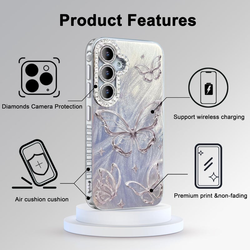 I-MGAE-IN-AR Compact Case for Samsung Galaxy S25 Plus & S24+ Butterfly Design,Diamond Camera lens protection frame,Cute Soft Slim TPU Shockproof Protective Phone Cases Cover for Women Silver Aesthetic - Image 4