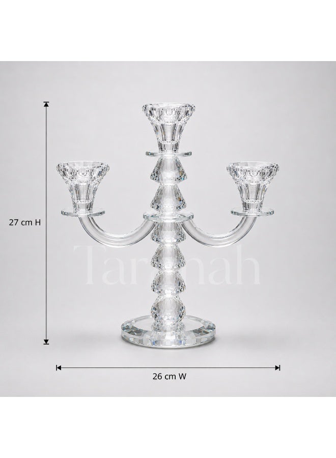 Luxury 3-Holder Clear Crystal Candelabra with 2 Curved Arms – Decorative Crystal Candle Holder, 27 x 26 cm - Image 1