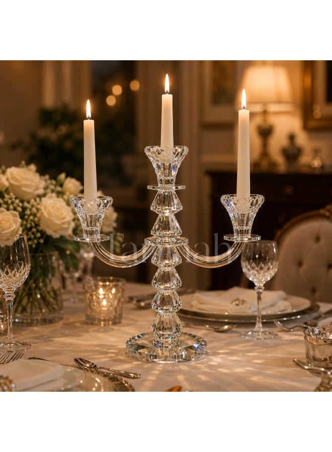 Luxury 3-Holder Clear Crystal Candelabra with 2 Curved Arms – Decorative Crystal Candle Holder, 27 x 26 cm - Image 4
