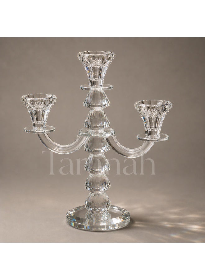 Luxury 3-Holder Clear Crystal Candelabra with 2 Curved Arms – Decorative Crystal Candle Holder, 27 x 26 cm - Image 2