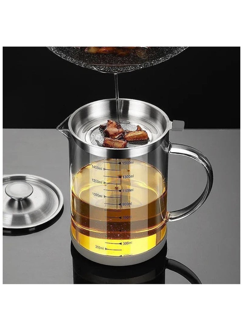 Heat Resistant 1500ml Glass Oil Filter Pot with Stainless Steel Strainer, Tight Lid – Easy Clean, Multiuse for Cooking Oil & Soup﻿ - Image 1