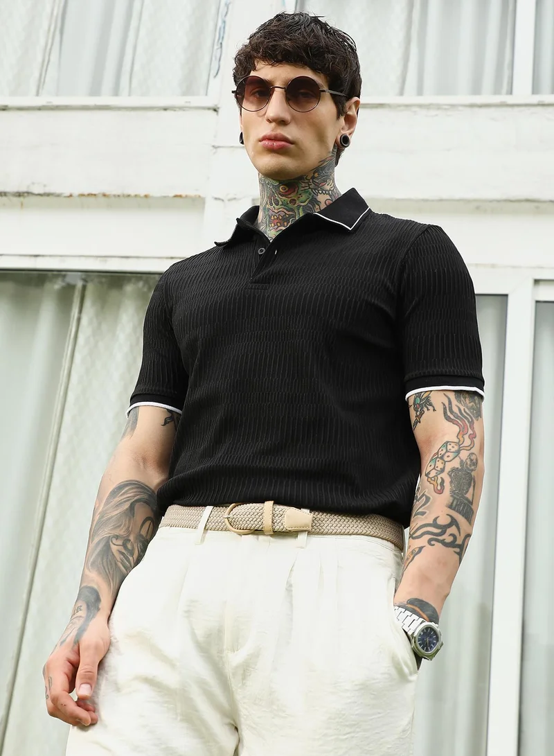 Men's Textured Black Polo T-Shirt with Contrast Trim